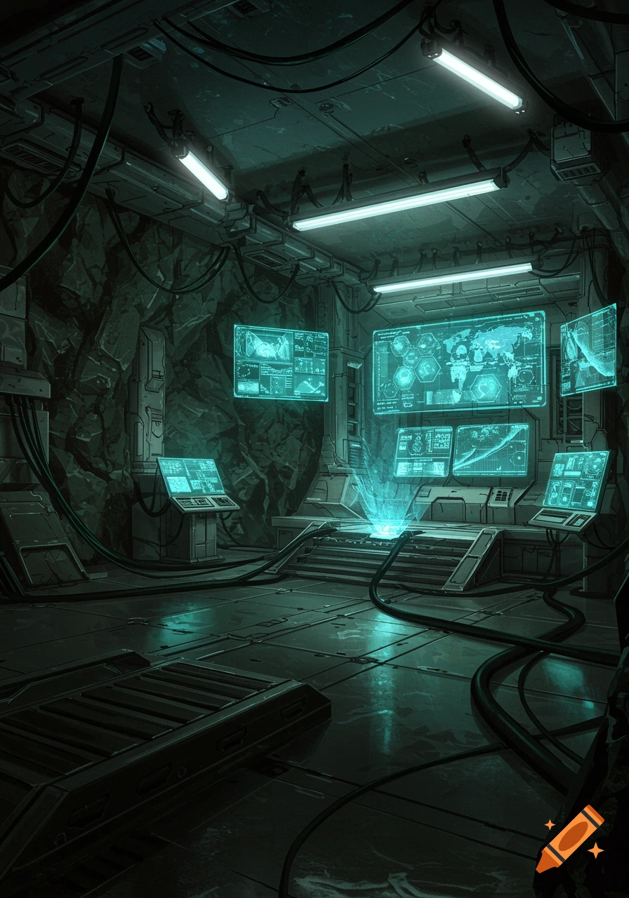 A dark, futuristic underground control room with glowing blue holographic screens and wires running along rough walls and a metal floor.