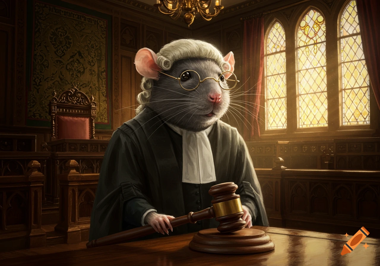A photorealistic anthropomorphic rat dressed as a judge with a wig and glasses, holding a gavel in a courtroom.