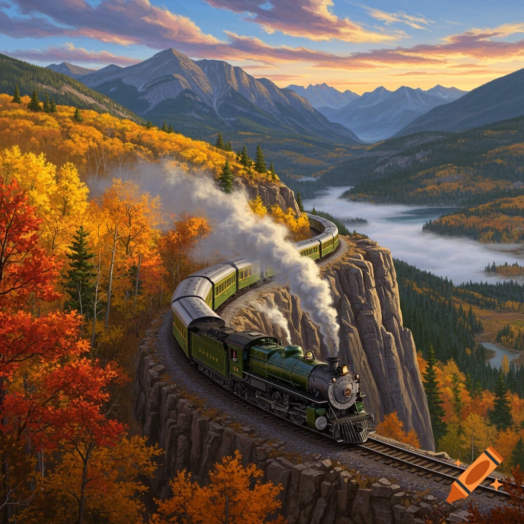 A green train travels on a winding track along a rocky cliff through an autumn mountain landscape with a valley and river below.