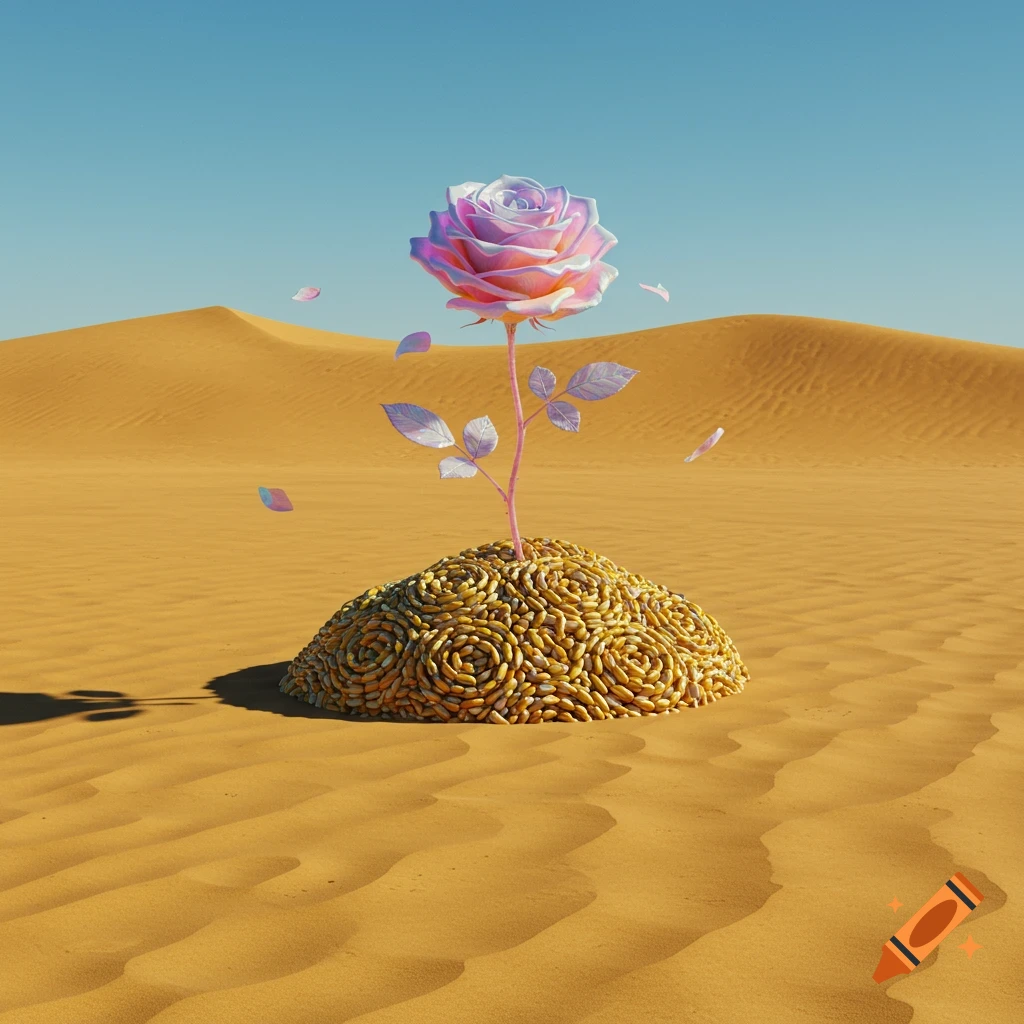 A vibrant, iridescent rainbow-colored rose with pink stem and translucent purple leaves grows from a large mound of swirling, textured yellow/brown forms in the middle of a vast, sunny desert with sand dunes.