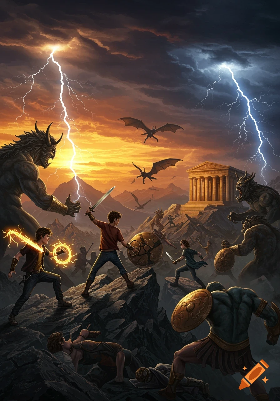 Epic fantasy illustration of demigods battling mythological monsters on a rocky mountaintop under a stormy, lightning-filled sunset sky, with an ancient Greek temple in the distance.