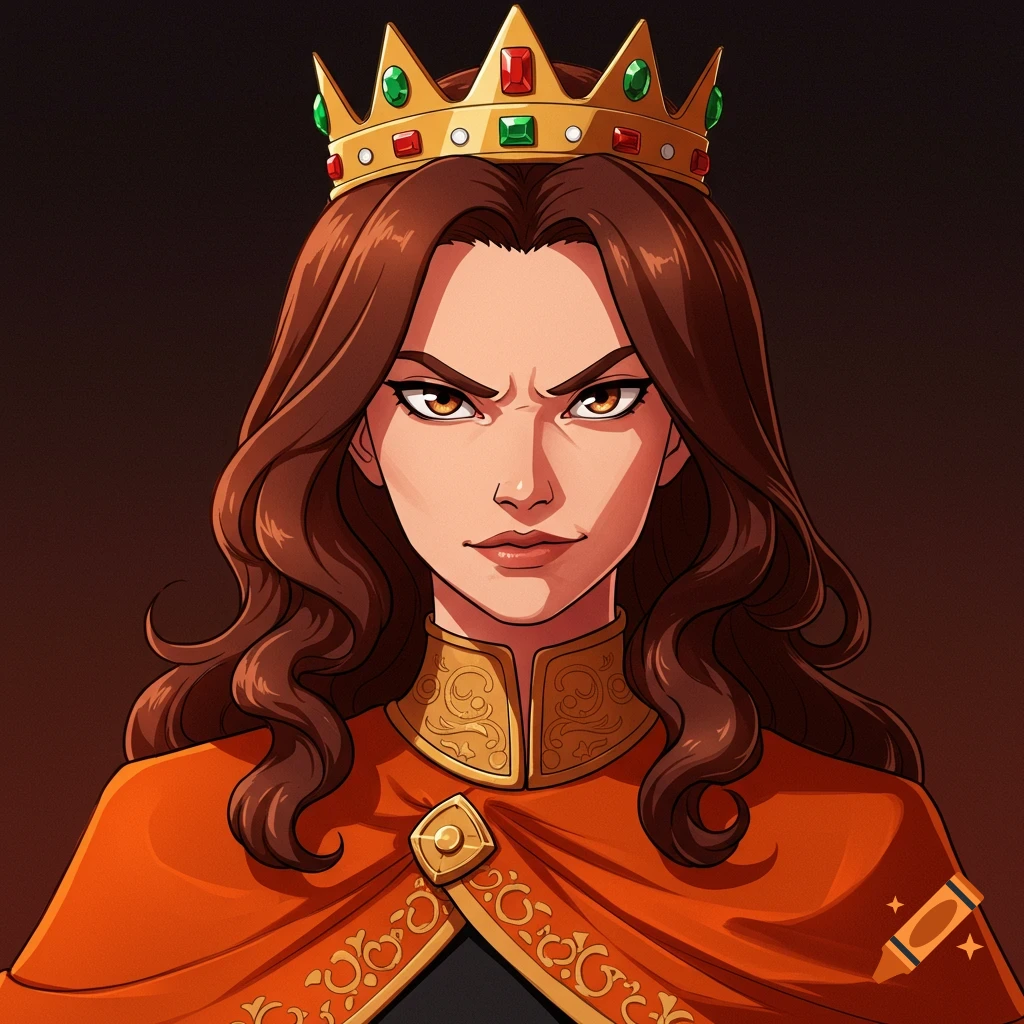 A cartoon woman with brown hair, brown eyes, and a sinister expression. She wears a gold crown with jewels and an orange cape.