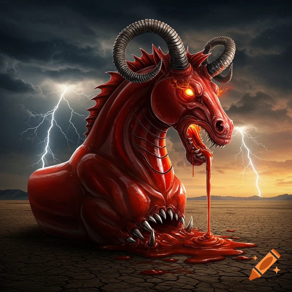 A red demonic horse-like creature with glowing eyes and large horns, dripping red liquid, sits on cracked earth under a stormy sky with lightning.