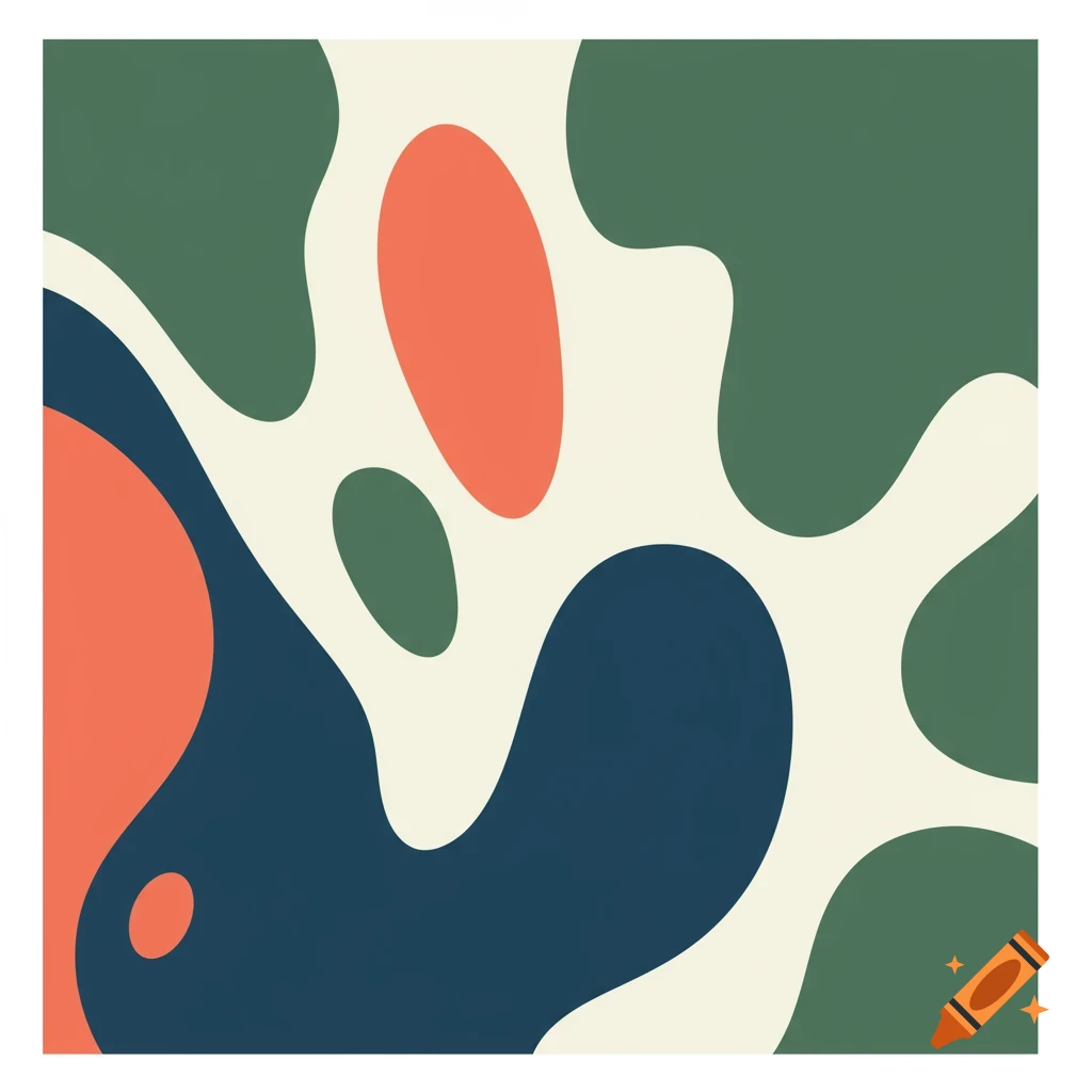 Abstract art with flowing shapes in dark green, orange-red, dark blue, and cream colors.