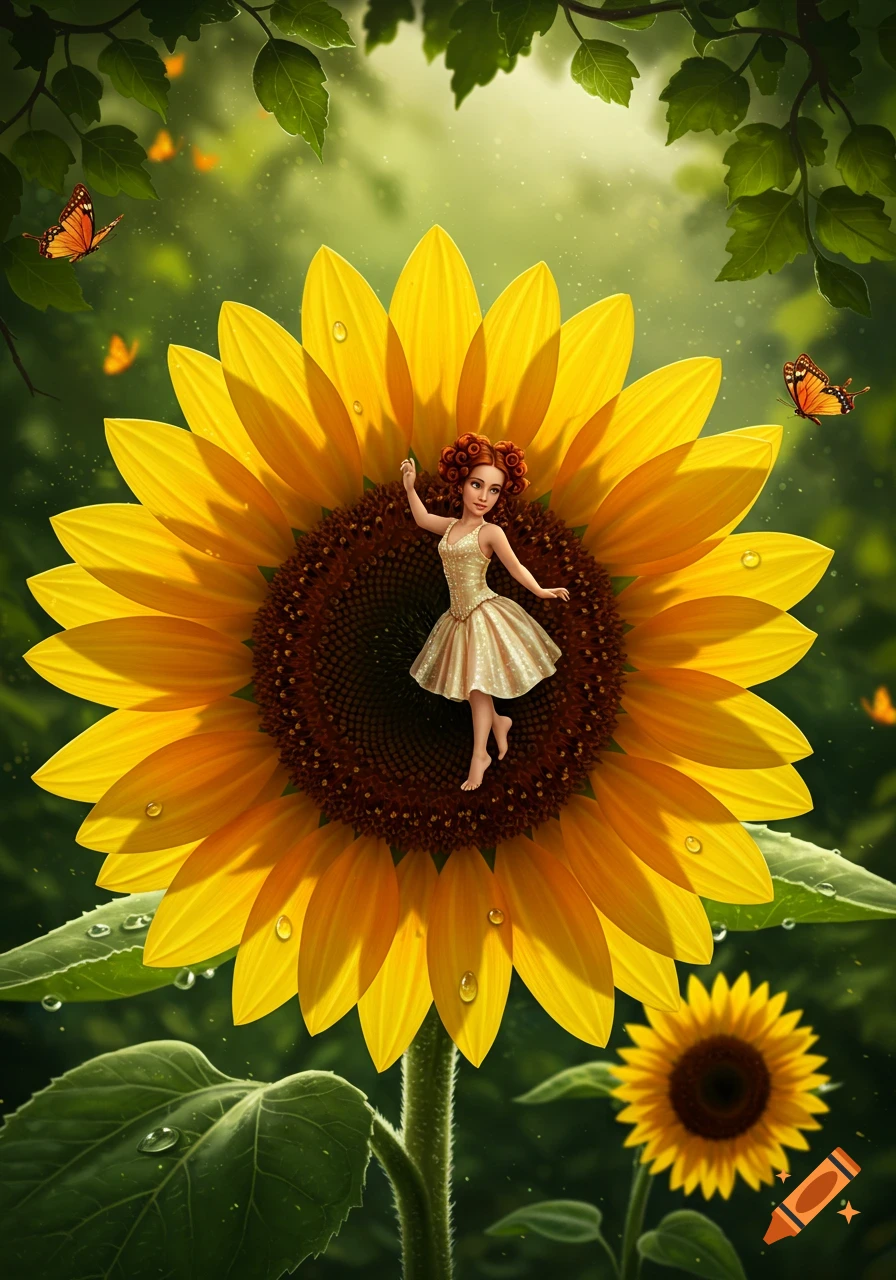 A whimsical illustration of a tiny woman in a dress dancing on a giant sunflower, with butterflies in a lush green setting.