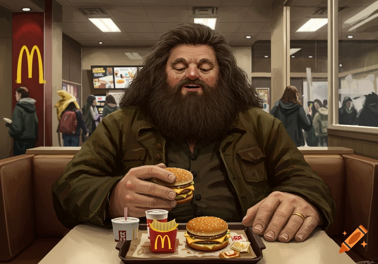 Hagrid from Harry Potter enjoys a meal at McDonald's, holding a burger in a detailed, illustrative style.
