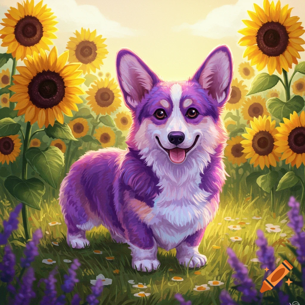 A cheerful purple and white corgi stands in a vibrant field of sunflowers and lavender under a bright sky, in an illustrative style.