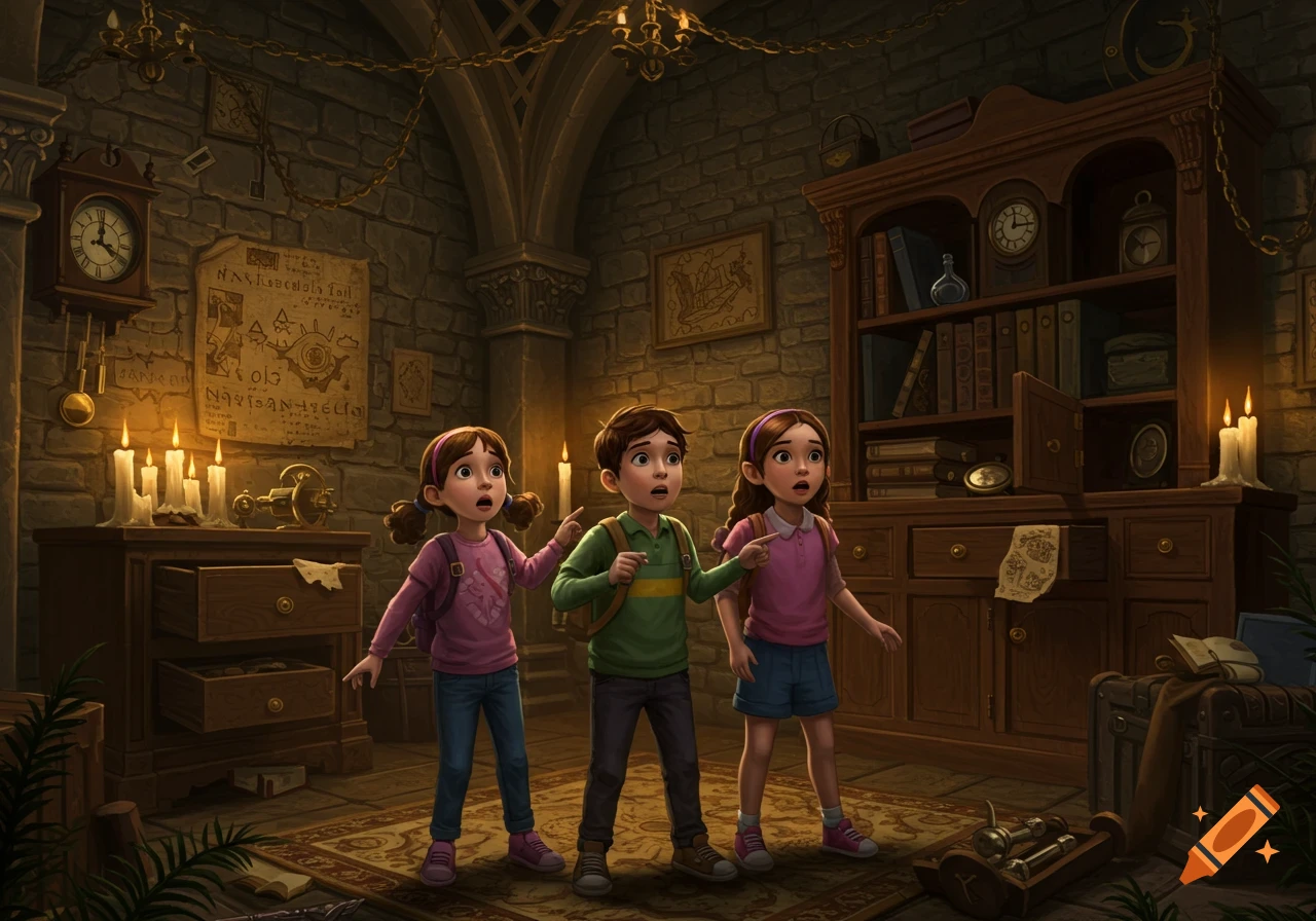 Three wide-eyed children, two girls and one boy, stand in a dimly lit, stone-walled room filled with antique furniture, books, and candles, looking surprised or confused, in a digital art style.