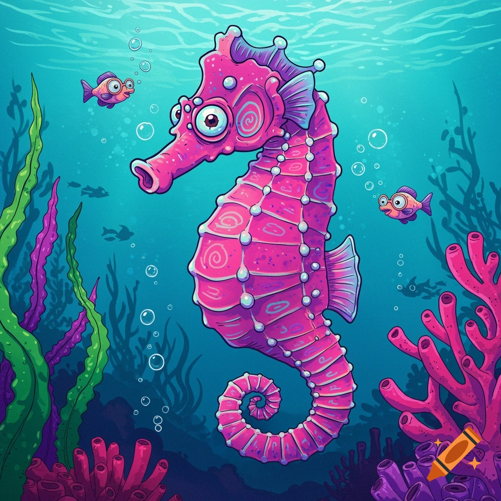 A vibrant pink cartoon seahorse with big eyes swims underwater surrounded by small fish, green seaweed, and colorful coral.