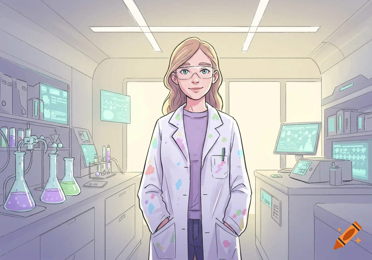 A young female scientist in a splattered lab coat and safety glasses stands in a modern laboratory in a simple colored drawing style.