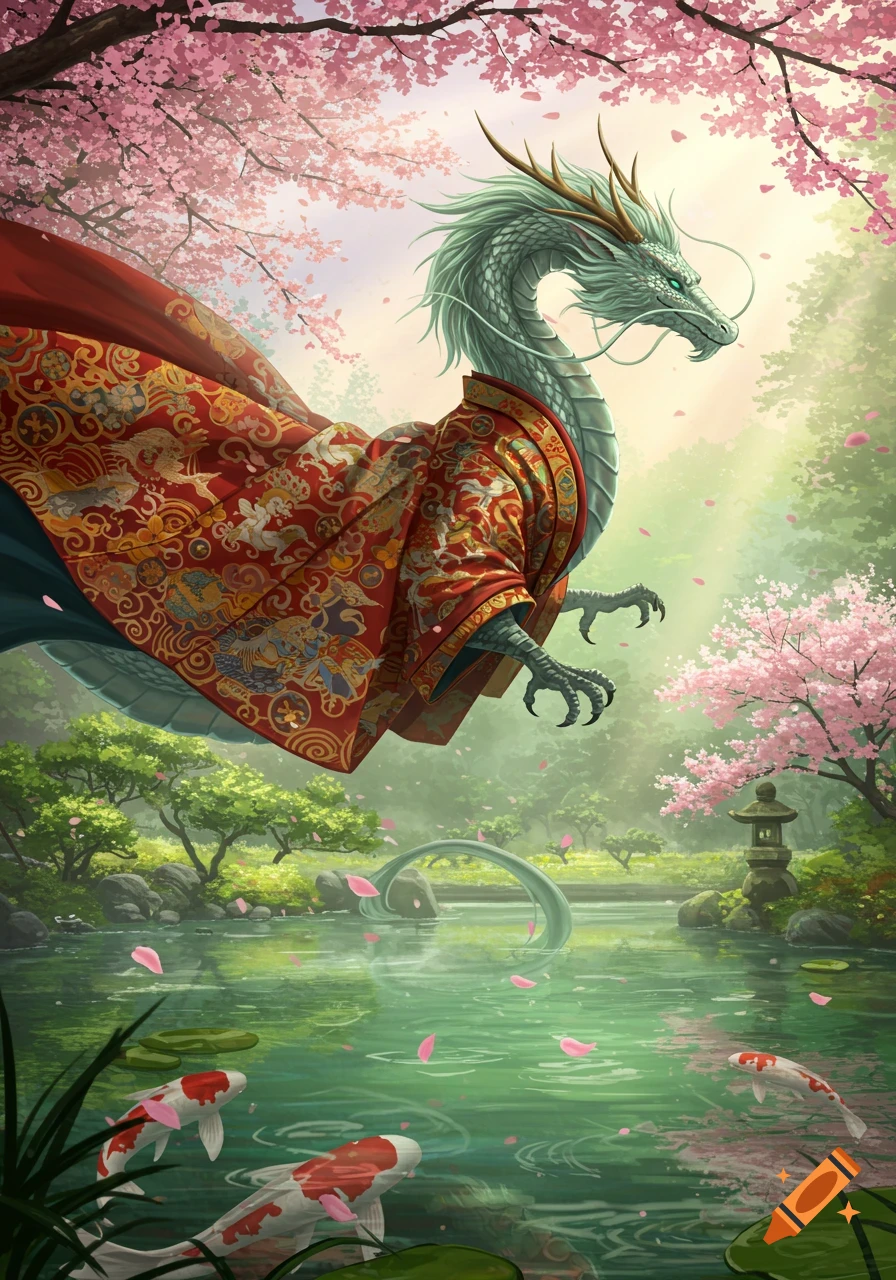 A majestic green dragon in a red kimono flies over a tranquil Japanese garden with cherry blossoms, a pond, and koi fish.