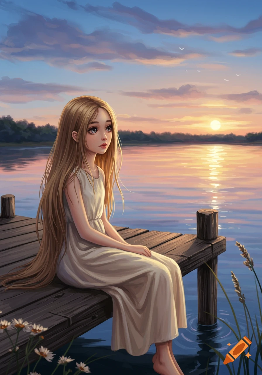 A young girl with long light brown hair sits on a wooden pier at sunset, looking out over a calm lake. Digital art.