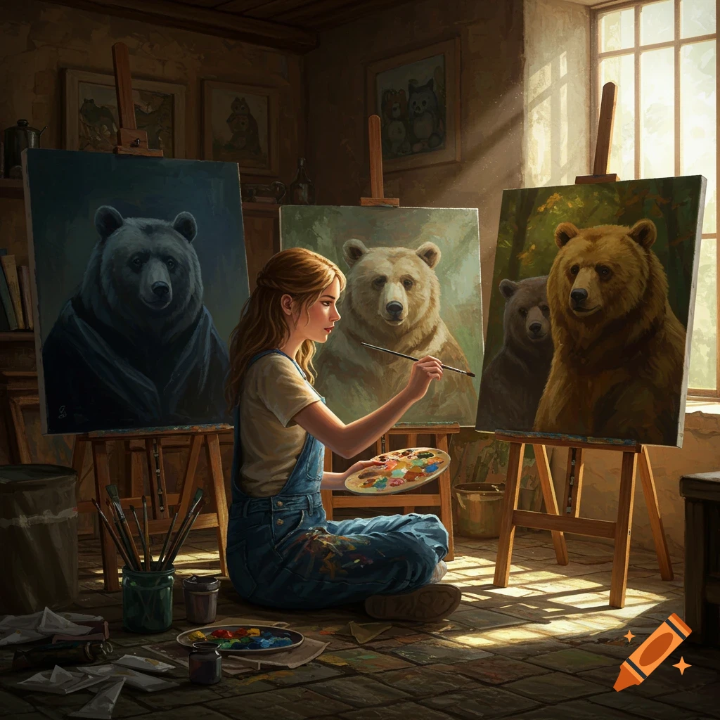 A woman sits on the floor in a sunlit art studio, painting three large portraits of bears on easels.