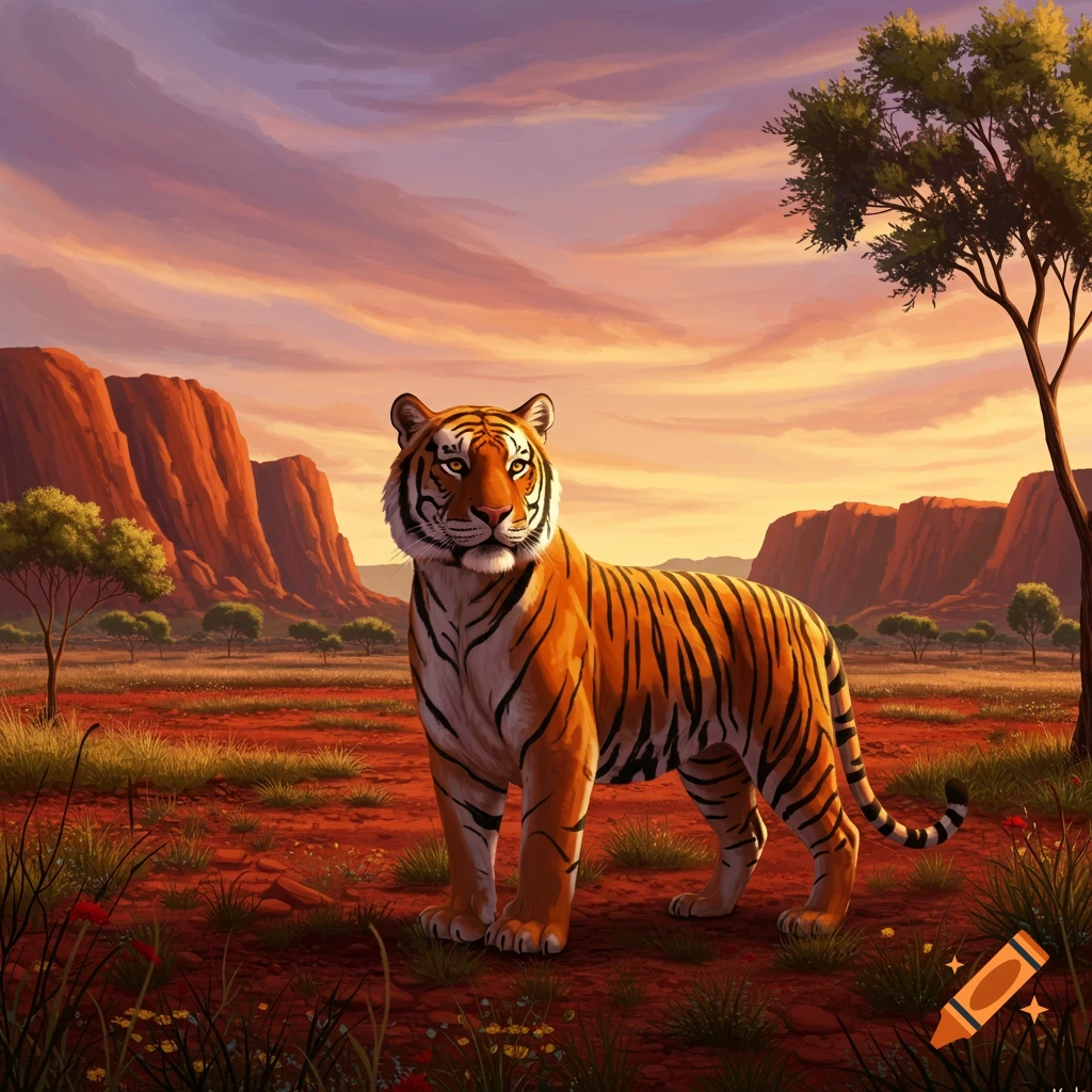 An illustrated tiger stands in a red, arid landscape with mountains and sparse trees under a vibrant sunset sky.