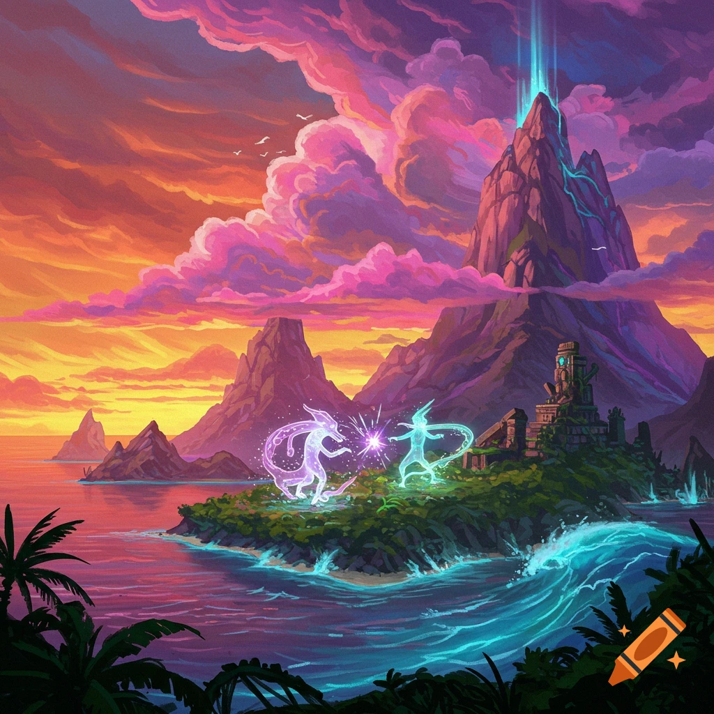 Two glowing magical figures battle on a tropical island under a vibrant pink and orange sunset sky with a luminous volcano.