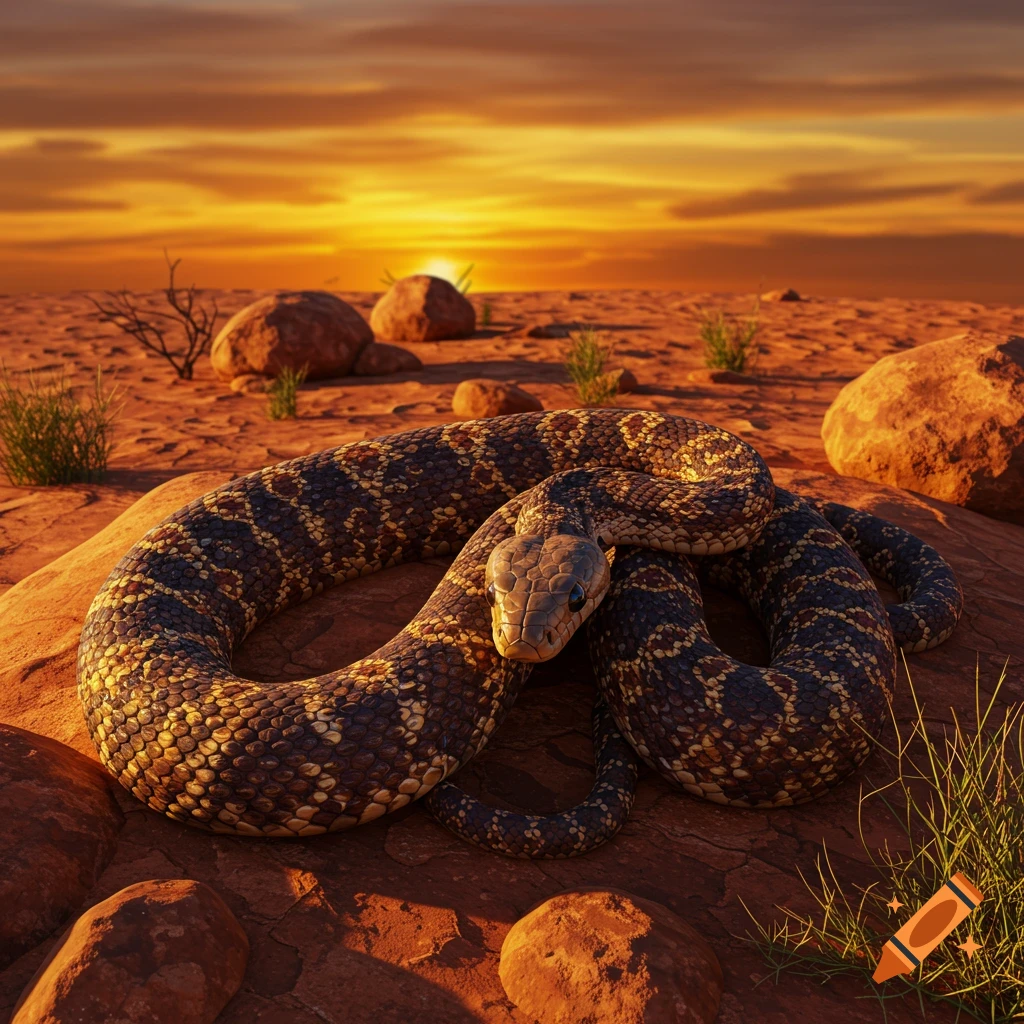 A patterned snake coiled on a rock in a desert at sunset, photorealistic.