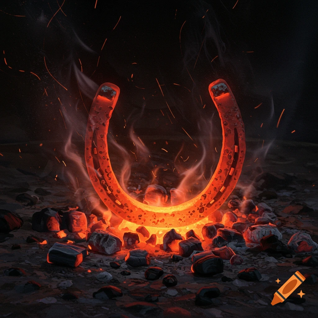 A red-hot horseshoe glows brightly amidst burning coals and sparks in a dark setting.