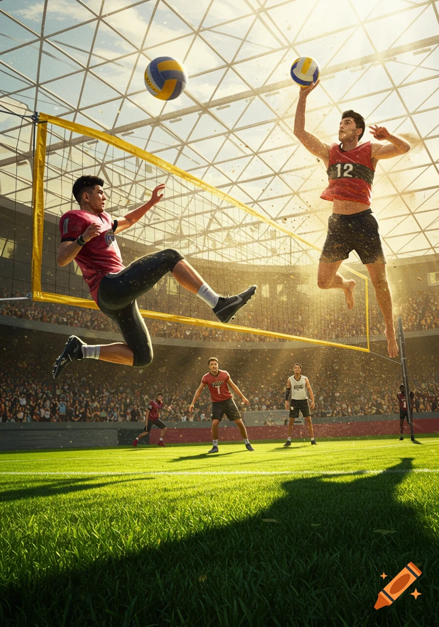 Athletes playing volleyball on a grass court in a stadium; one wears a football jersey, another jumps to hit the ball over the net.