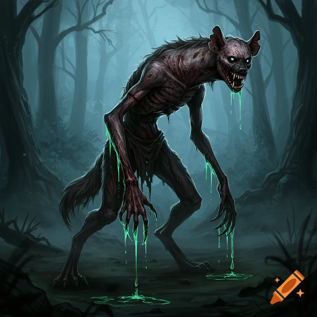 A lanky, monstrous werehyena with glowing eyes and long claws dripping green slime stands in a dark forest.