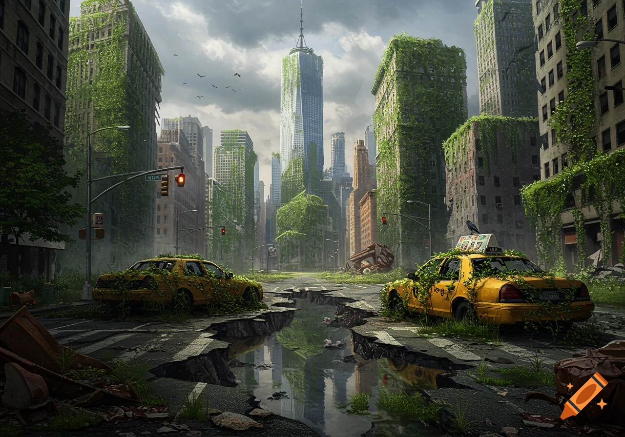 A photorealistic view of a ruined New York City street with overgrown buildings, cracked pavement, and abandoned, vine-covered yellow taxis, under a cloudy sky.