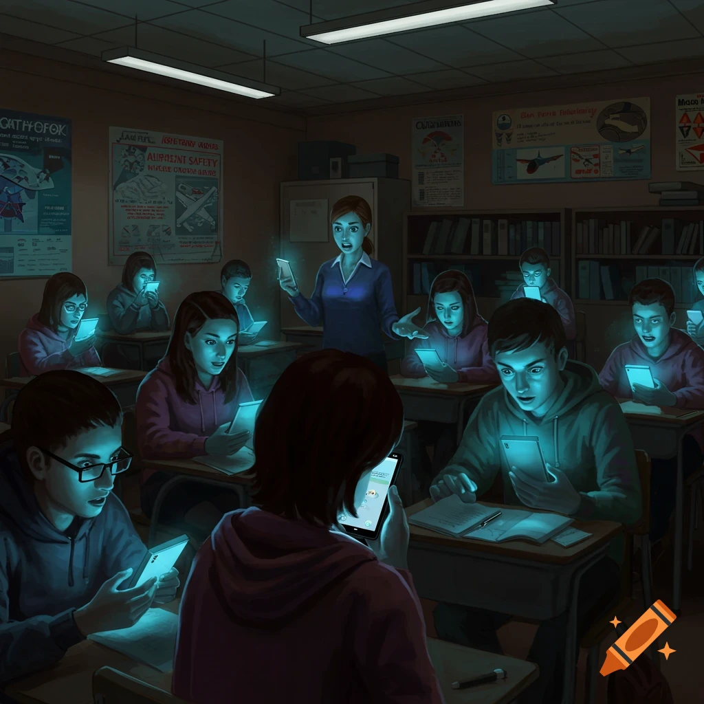A classroom full of students, bathed in the blue light of their cell phones, ignore their frustrated teacher.