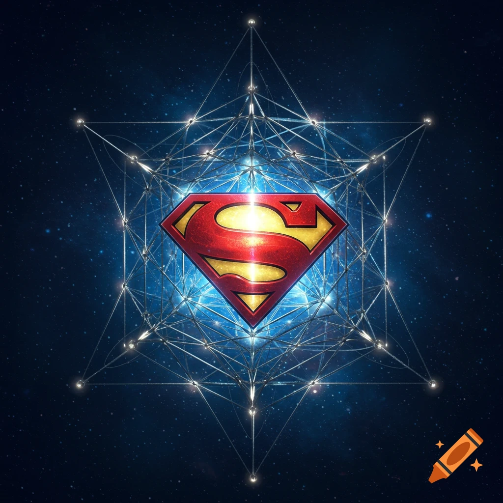 Superman emblem in a red and gold shield intertwined with a complex geometric Metatron's Cube structure, glowing against a starry blue space background.