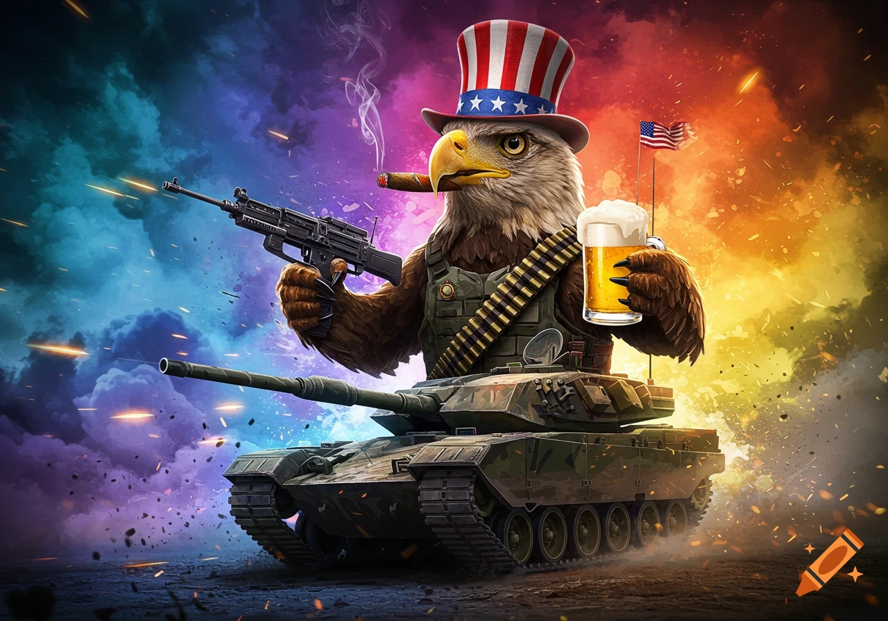 A patriotic eagle in a USA hat, smoking a cigar, holding a beer and a gun, rides a tank through an explosion of rainbow colors.