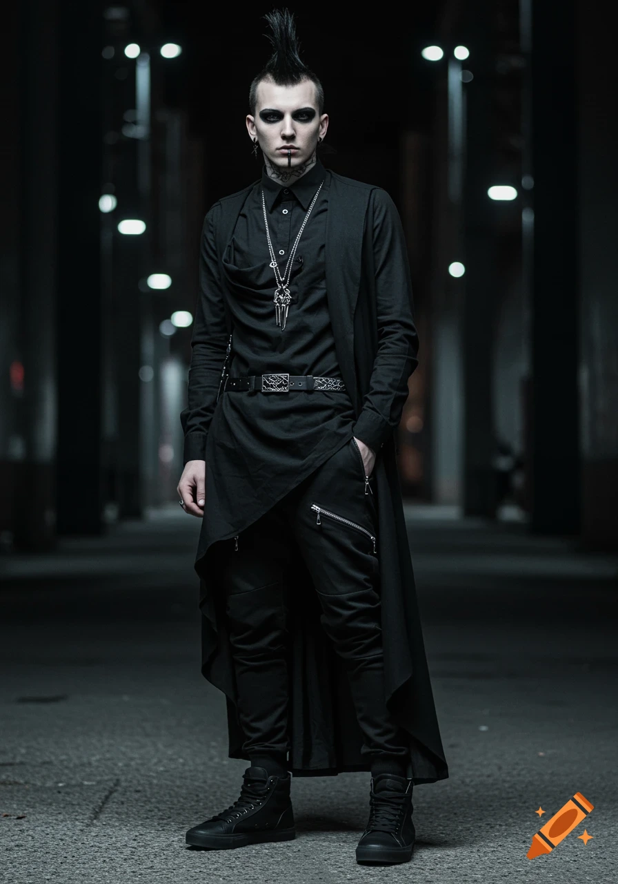 A person in gothic-punk fashion with a mohawk and dark makeup stands in a dark urban alley at night.