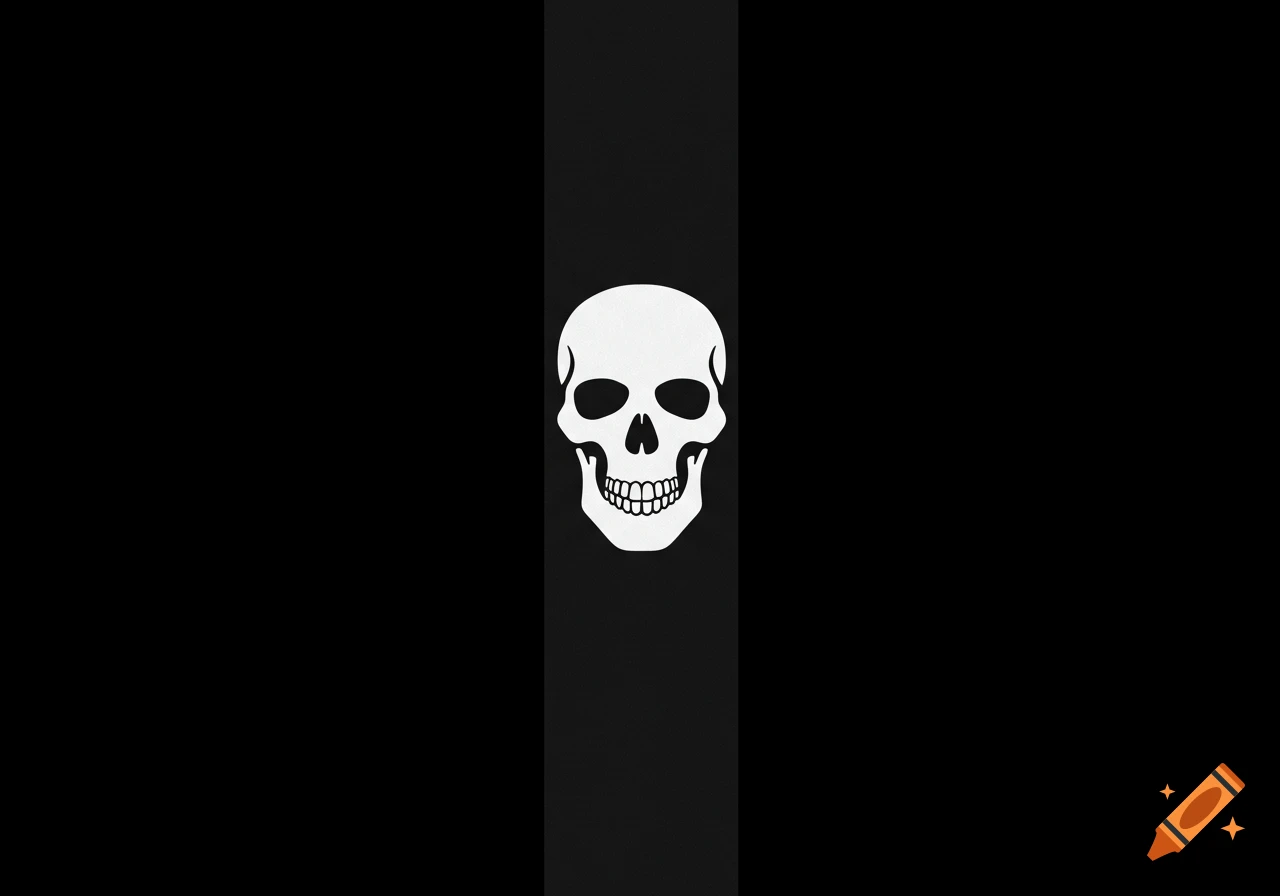 A minimalist white skull symbol centered on a gray vertical stripe against a black background.