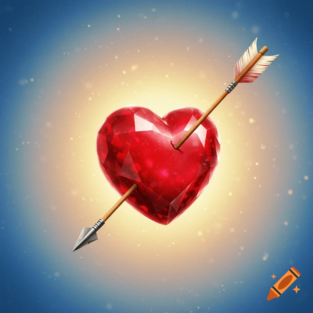 A shimmering red faceted gem heart pierced by a Cupid's arrow, set against a glowing light blue and yellow background with sparkling particles.