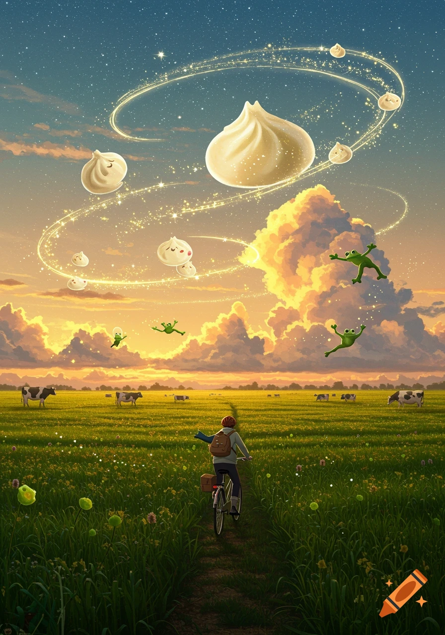 A person bikes through a green field with cows, under a colorful sky where frogs leap and dumplings float magically.