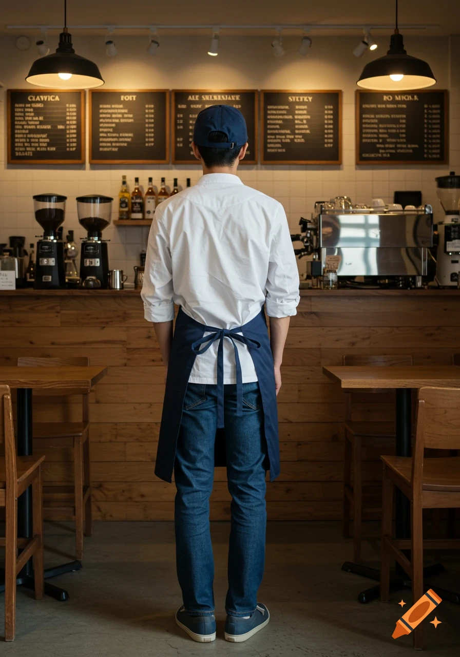 A person seen from behind, wearing a white shirt, blue apron, jeans, and a blue cap, stands in a modern coffee shop.