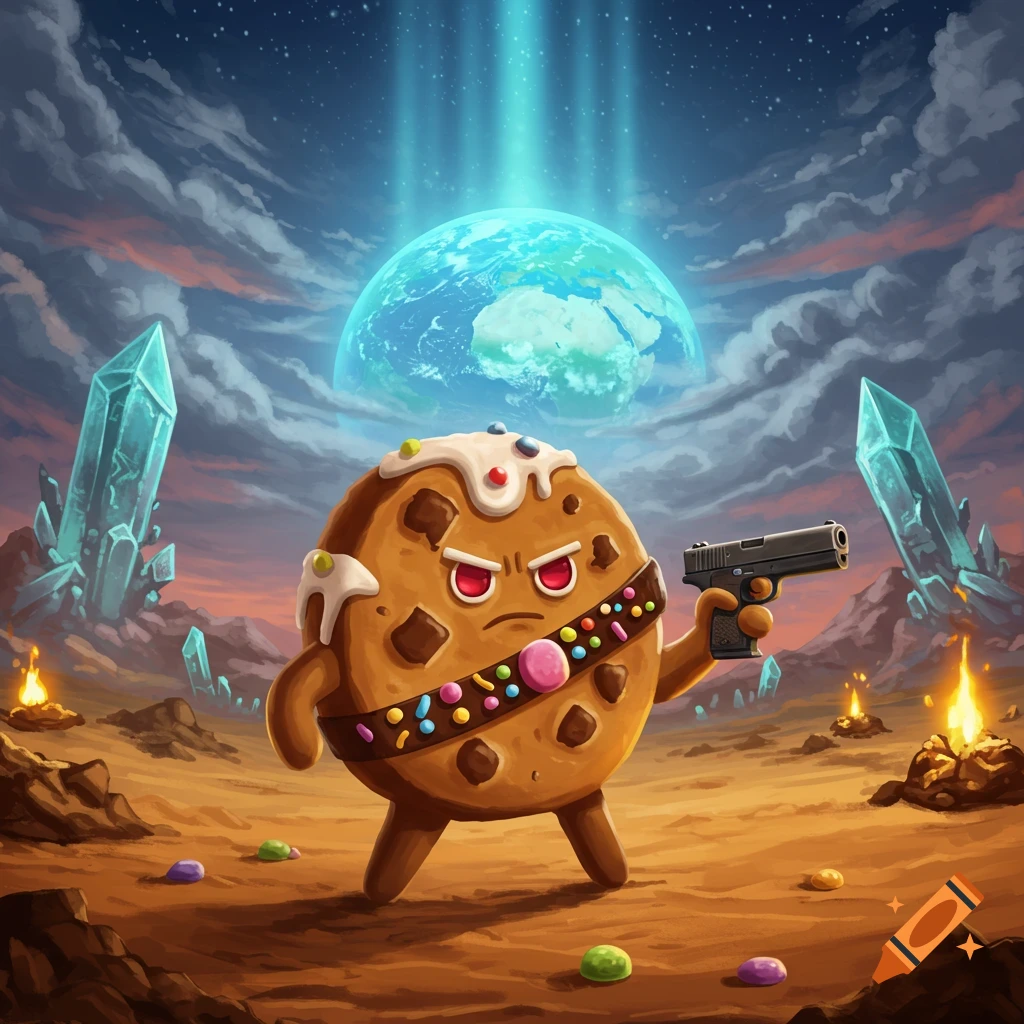 A stern cartoon cookie wearing a candy bandolier holds a pistol on an alien world with glowing crystals and Earth in the distance.