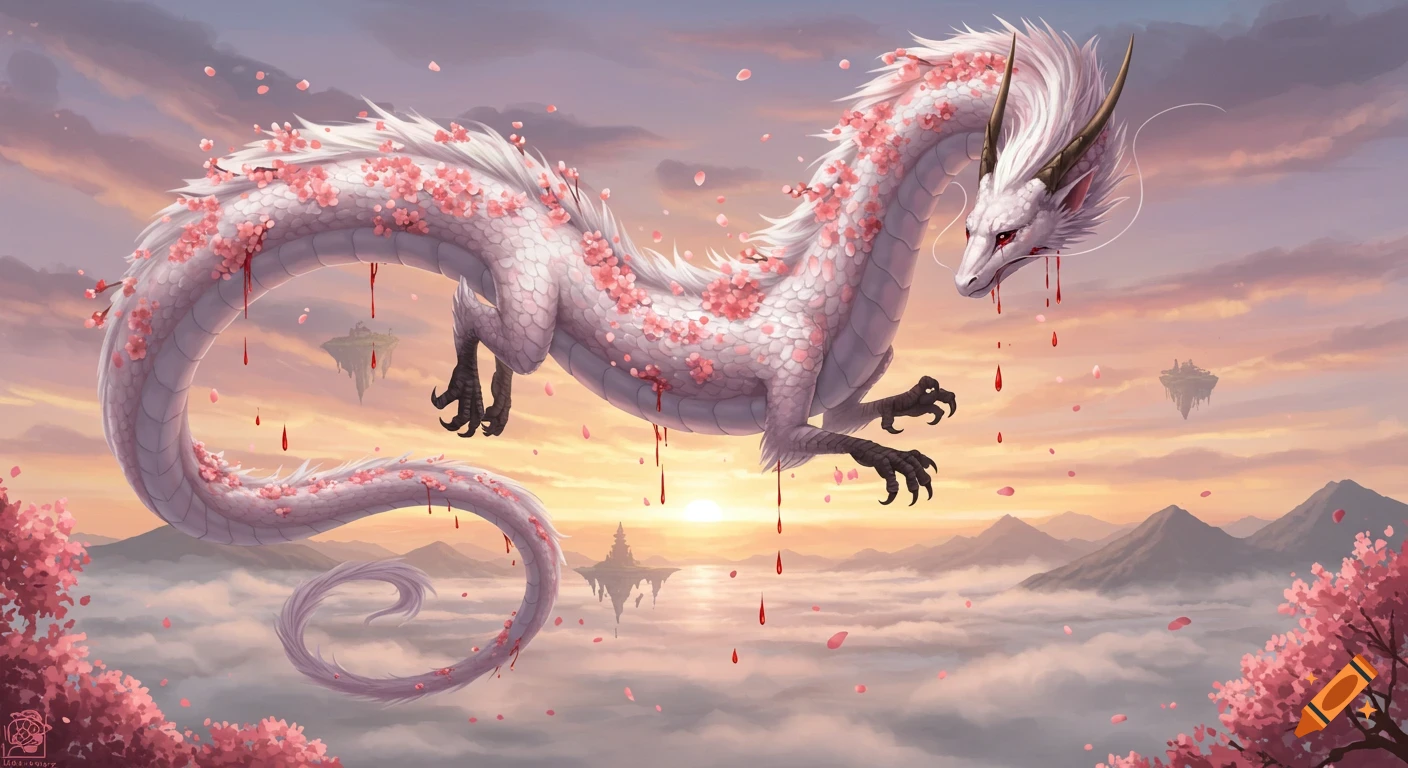 A majestic white dragon adorned with pink cherry blossoms and red drips, flying over clouds at sunset with floating islands.