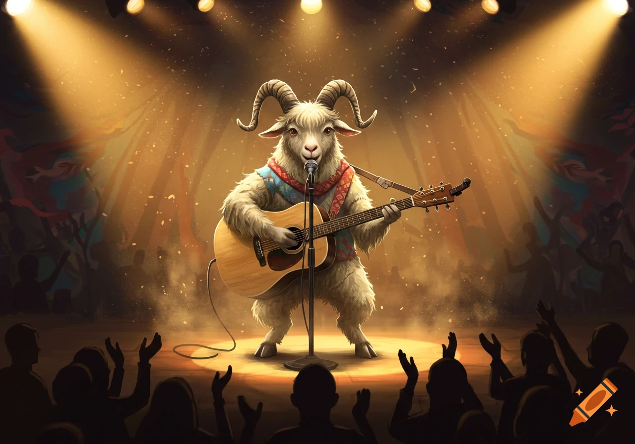 A furry goat with horns plays an acoustic guitar and sings into a microphone on a spotlighted stage in front of a cheering crowd, illustration.