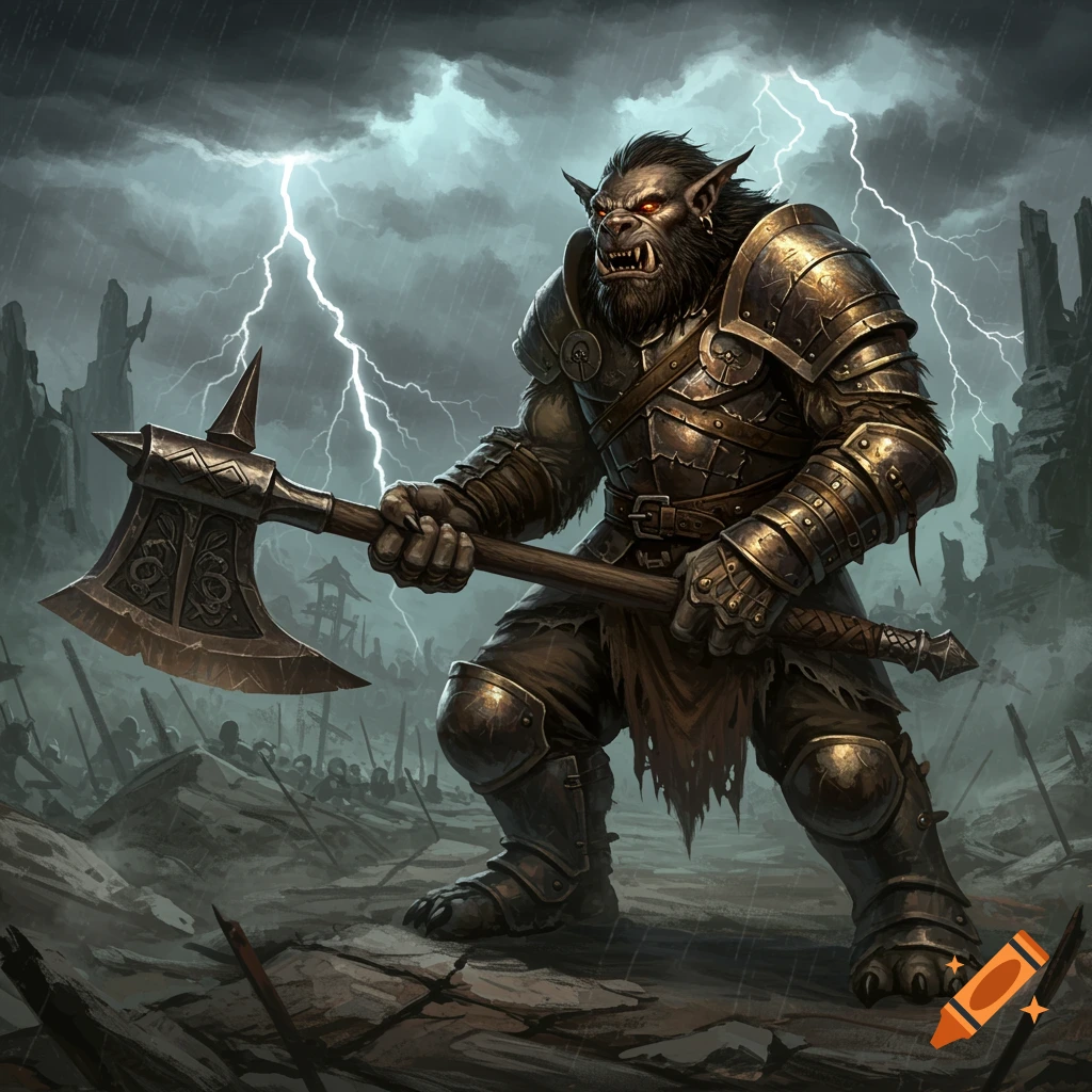 A powerful gnoll warrior in bronze armor holds a greataxe in a stormy, lightning-lit battleground.