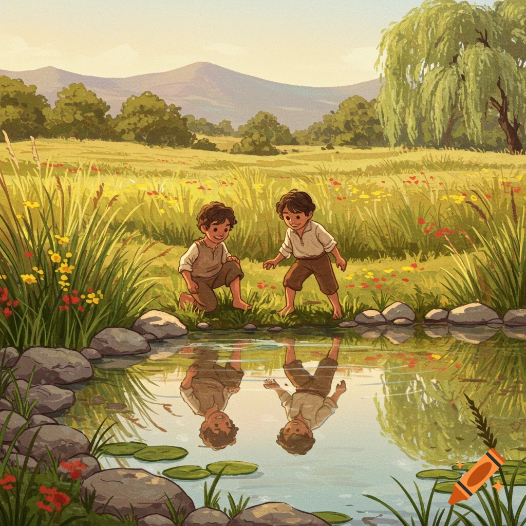 Two young boys playing barefoot by a pond, with tall grass, wildflowers, and mountains in the background, in an illustrated style.