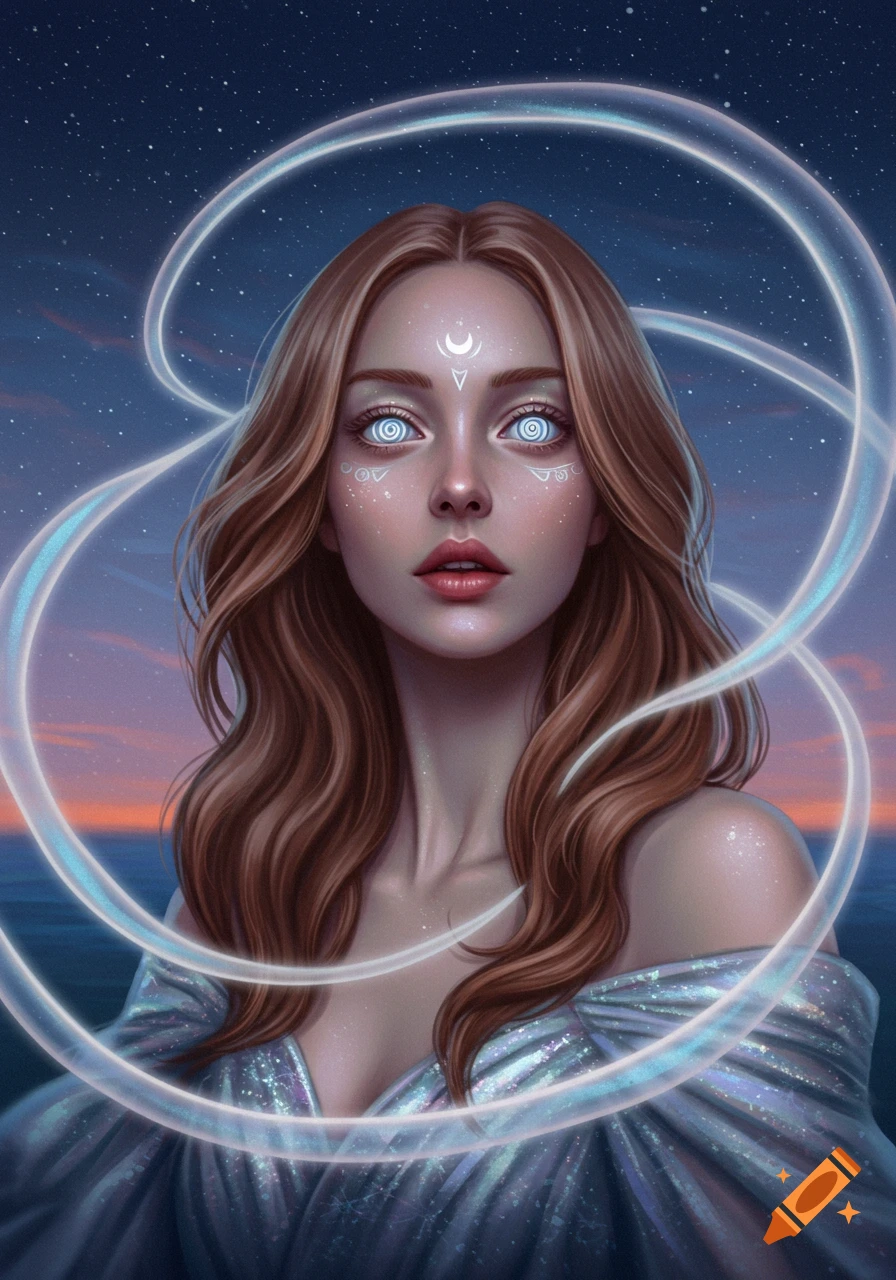 Digital painting of a beautiful woman with glowing spiral eyes and a crescent moon on her forehead, surrounded by glowing swirls against a starry sky.
