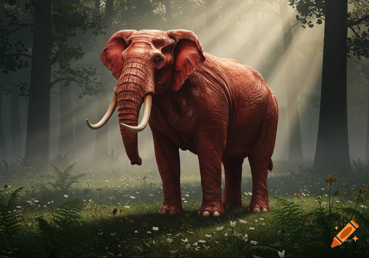 A majestic red elephant with large tusks stands in a lush, sunlit forest clearing with wildflowers. Photorealistic.