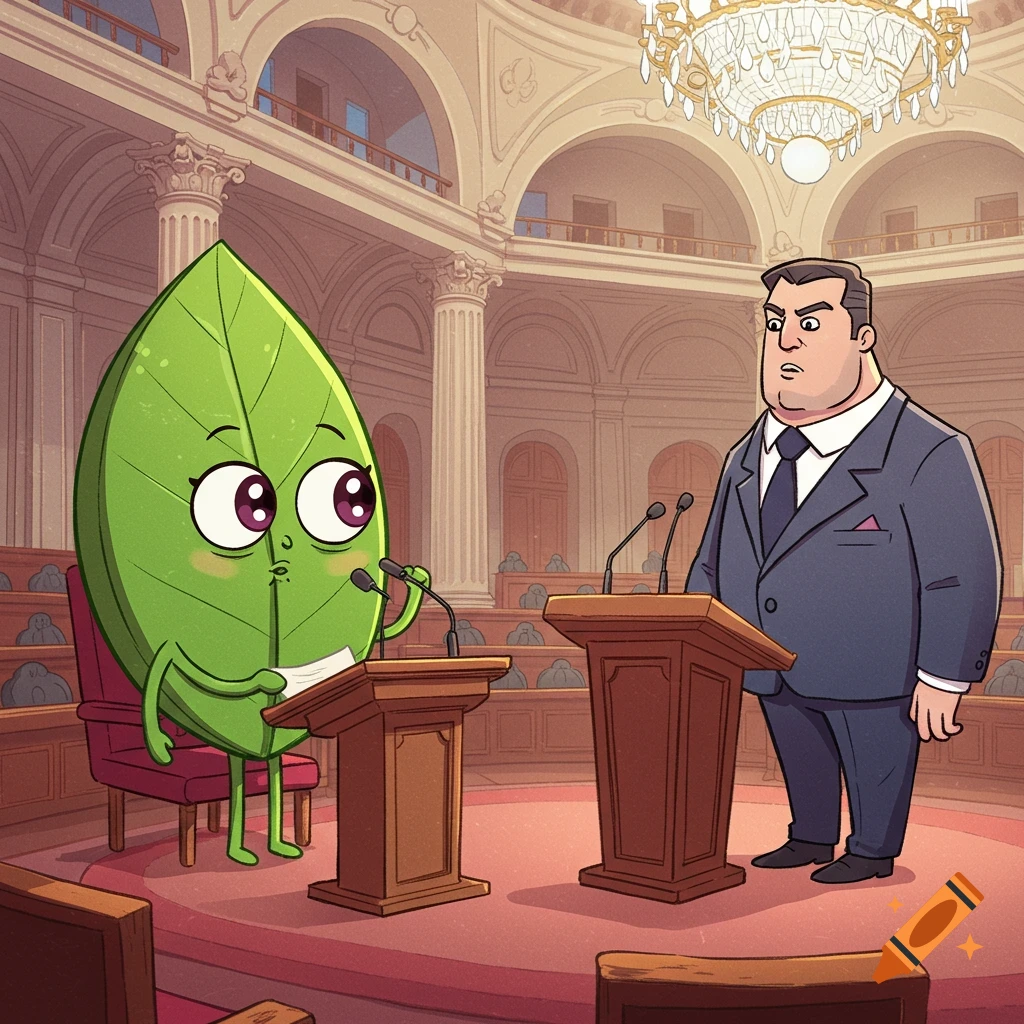 A cartoon leaf with anime eyes at a podium next to a stern man in a suit at another podium in a grand hall.