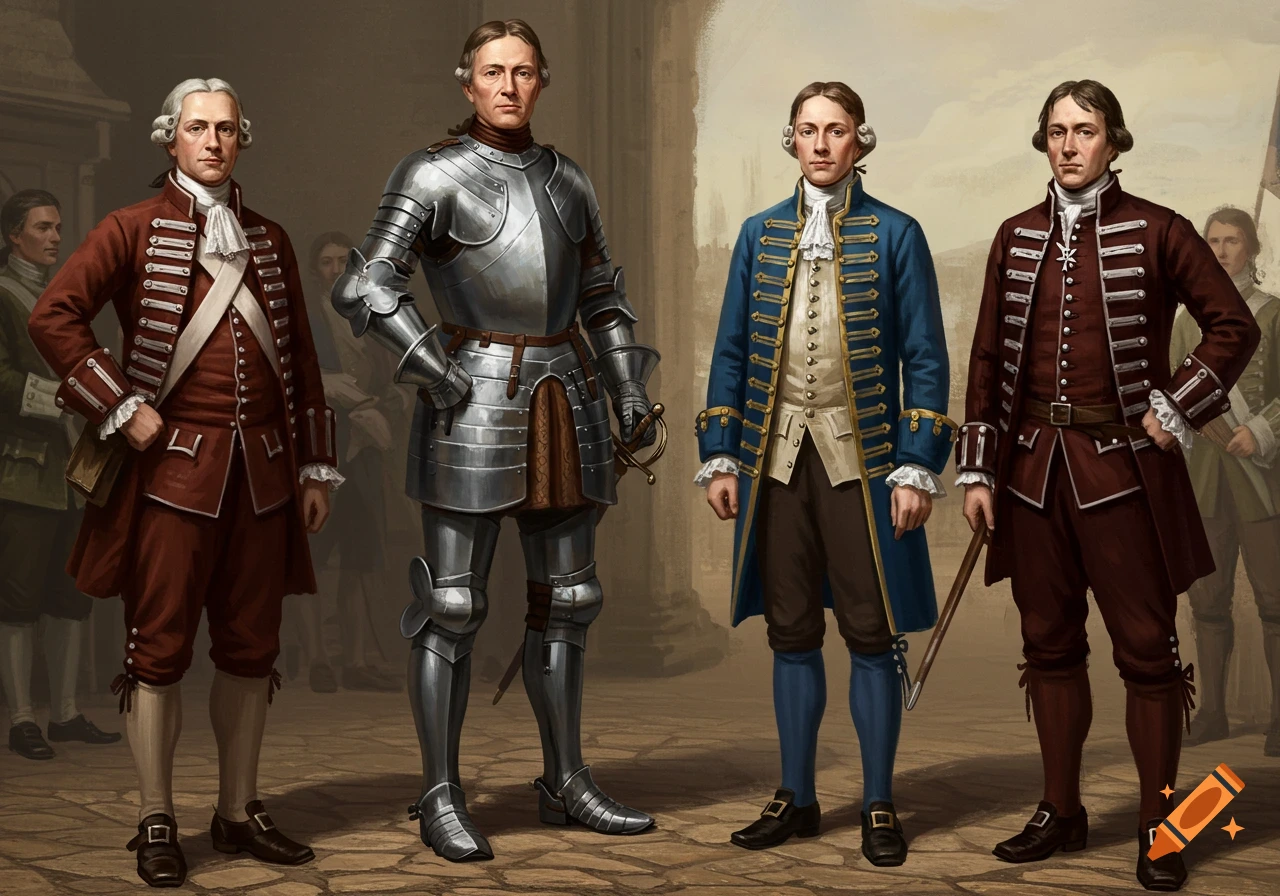 Four men in historical European military and noble attire, including one in full plate armor, standing together.