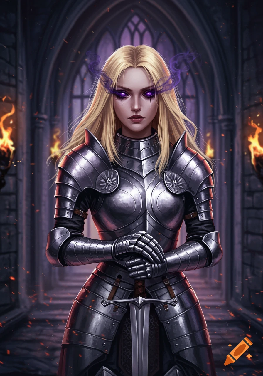 A blonde knight in shining plate armor stands holding a sword, with glowing purple eyes and smoke wisps in a dark gothic hall.