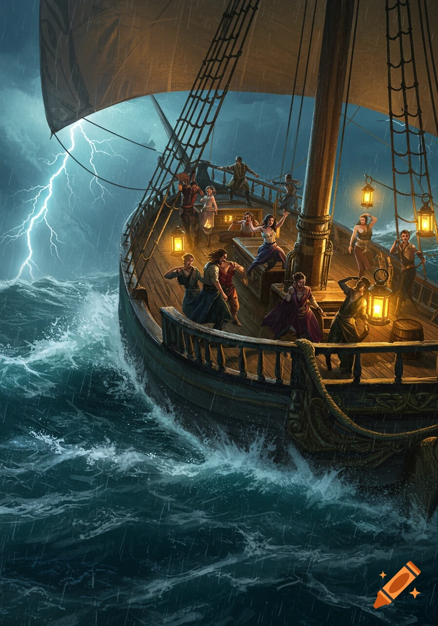 A sailing ship with a crew on deck battles a lightning storm and rough seas in a dramatic fantasy illustration.