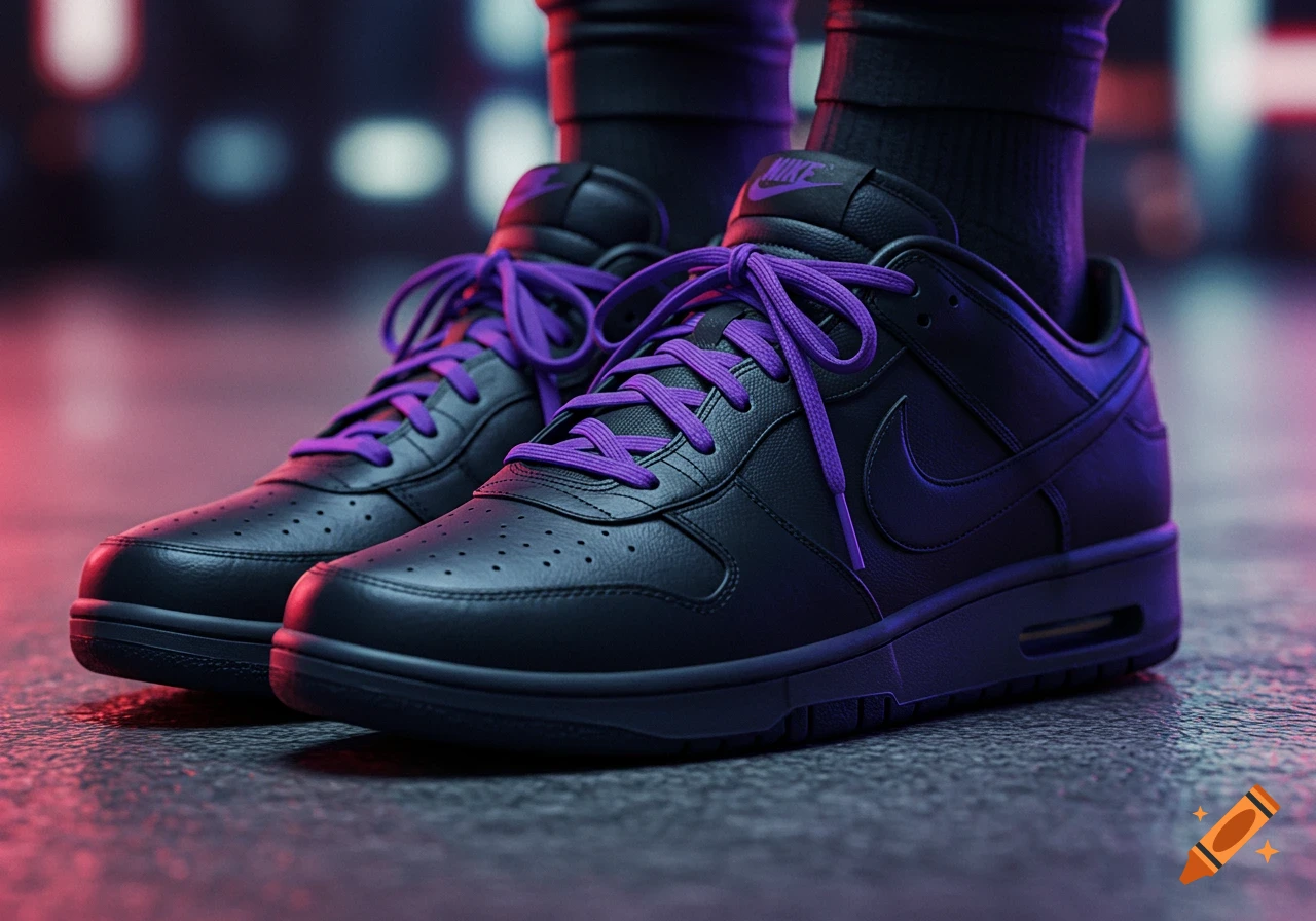 Close-up of black sneakers with vibrant purple laces on a dark, wet ground, illuminated by neon lights.