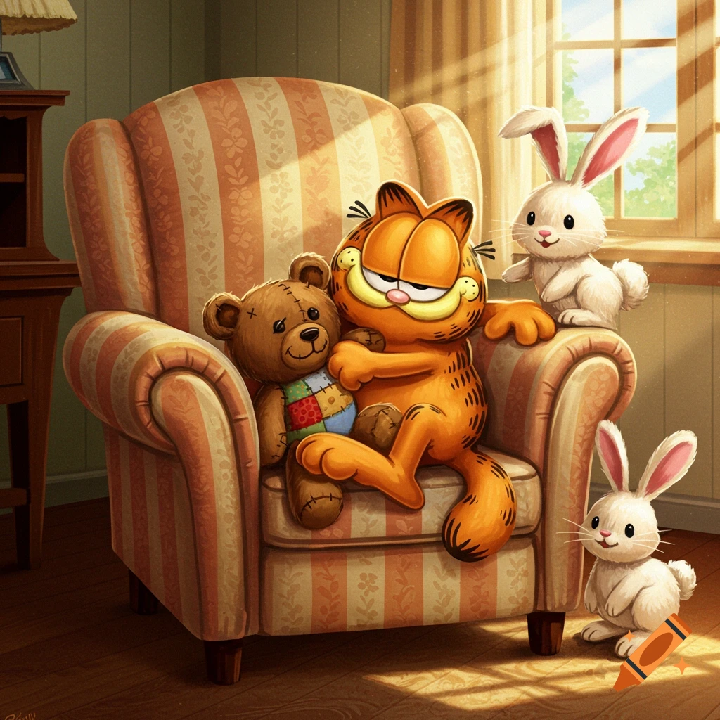 Garfield, a teddy bear, and two white bunnies relaxing in a striped armchair in a sunlit room.