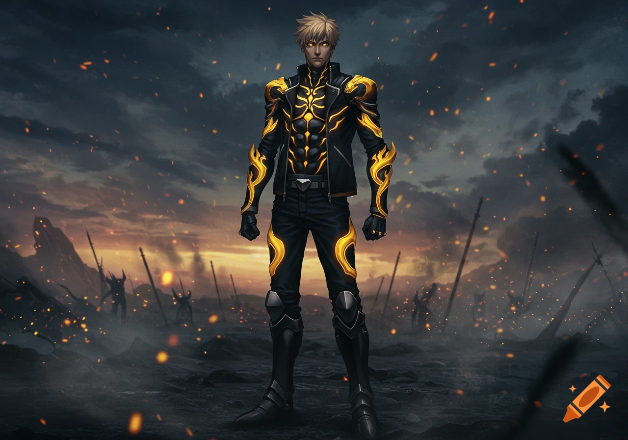 Anime male character in black and gold armor stands on a smoky battlefield under a dramatic sky.