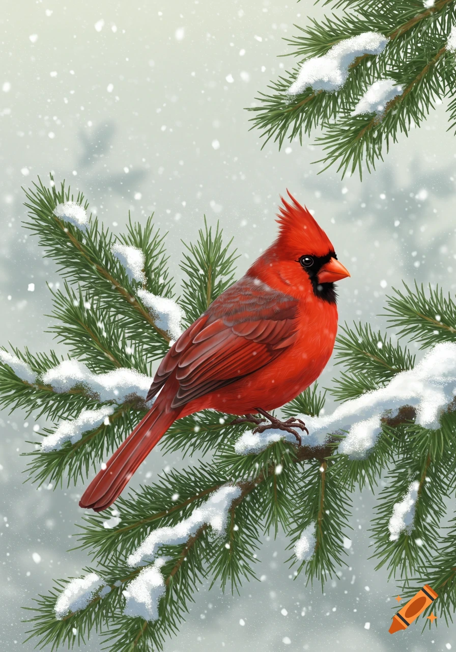 A vibrant red cardinal perched on a snow-covered pine branch as snow falls.