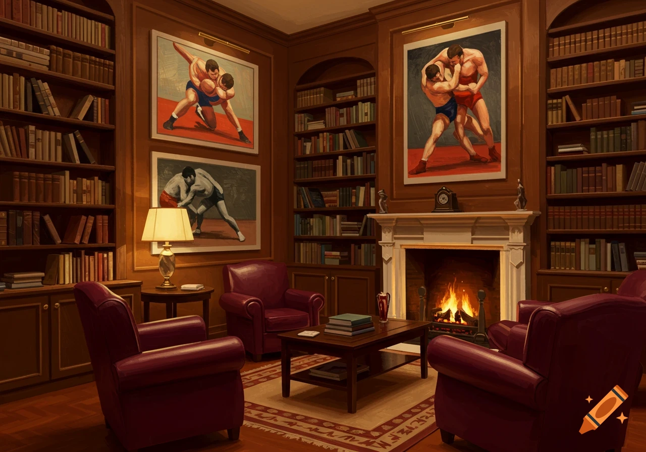 A cozy home library with dark wooden bookshelves, red leather armchairs, a lit fireplace, and framed wrestling art on the walls.