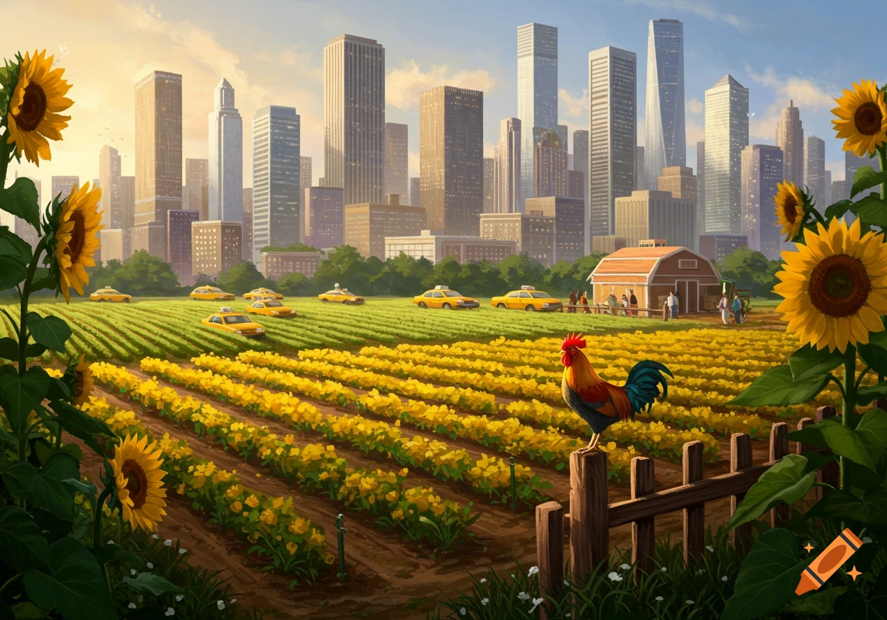 Vibrant illustration of a green and yellow farm field with sunflowers and a rooster, leading to a modern city skyline with yellow taxis.