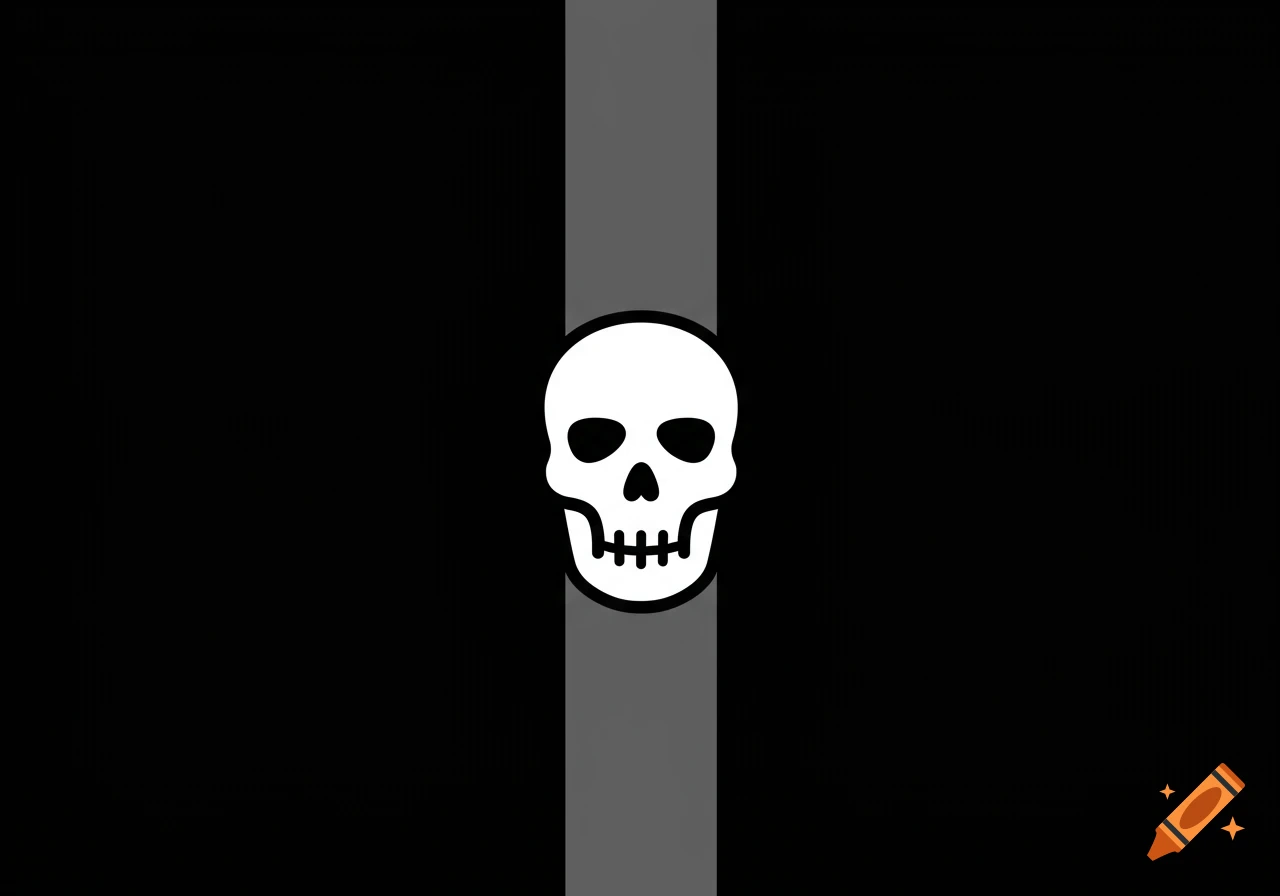A minimalist flag design featuring a white skull symbol centered on a gray vertical stripe against a black background.